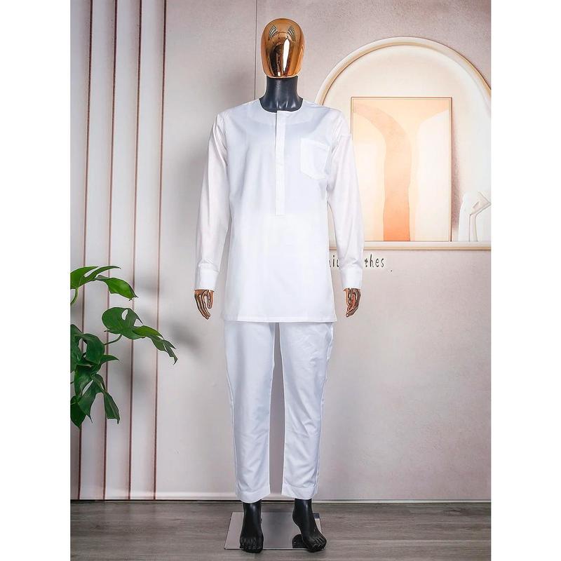 African Agbada (White & Grey) - nigerian traditional outfits Clothing Cotton - Mens Kaftan - African Menswear - African Garment - Long Sleeve Suit 3