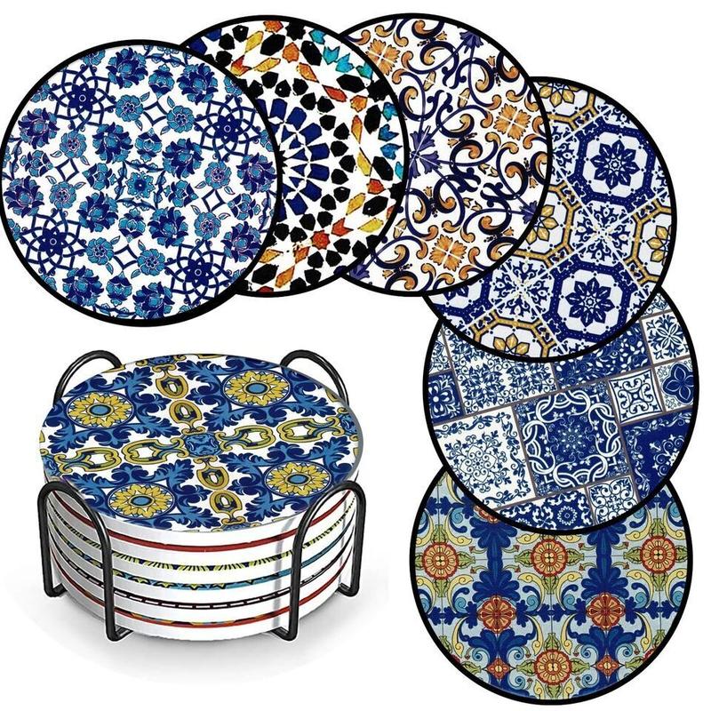 Turkish Patterned Coasters for Drinks Pack of 6 Ceramic Marble Coasters with Metal Holder, 4 Inches 8 Different Mandala Patterns, Suitable for Wooden Table and Kinds of Cups Tableware Round Set Tea Coffee 1