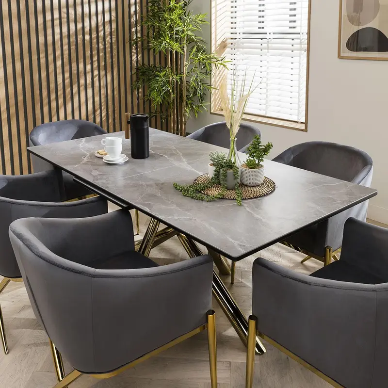 6 Seater Extendable Dining Set - Grey Ceramic Table - Premium Velvet Chairs 1