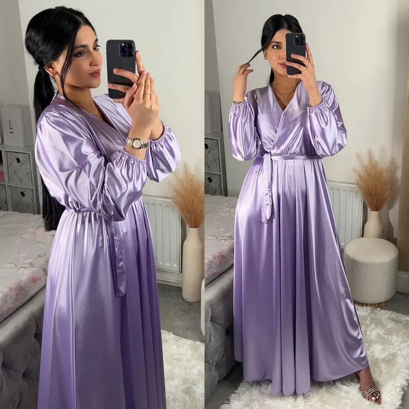Women's Elegant Satin Dress with Shimmer Effect- Belted, V Neck Maxi, Elasticated Waist and Cuffs - UK Size 8-14 6
