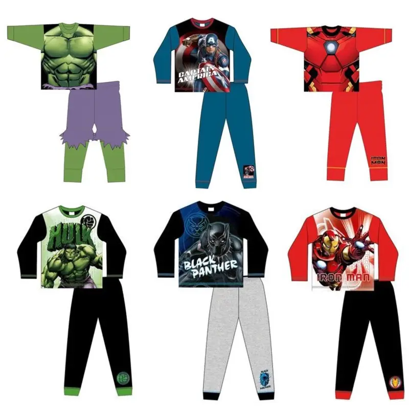 Marvel Boys Pyjamas Superheroes Avengers Nightwear Pjs Sleepwear Sublimation Pajamas Superhero Character Iron Man Captain America Hulk Black Panther Two Piece Set Long Sleeve Top Trousers Kids Childrens 0