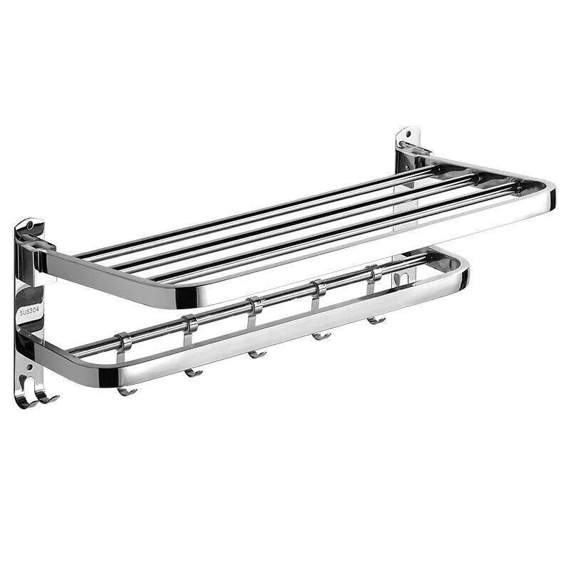 Double Tier Towel Rail Holder Wall Mounted Bathroom Rack Shelf With Hook Folding 3