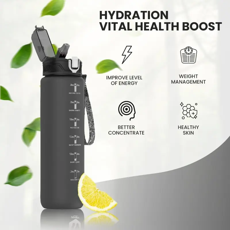 1 Litre Fitness Sport Water Bottles with Straw & Time Maker, BPA-free Plastic Bottle 1 Design for Girls, Boy Running, cycling (Spout 1000ml Black), Drinkware, Washable, Reusable, Portable, Tumbler, Bottles, Mug, Cup Cover Lid Silicone Translucent Bottled 2