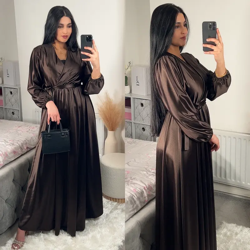 Women's Elegant Satin Dress with Shimmer Effect- Belted, V Neck Maxi, Elasticated Waist and Cuffs - UK Size 8-14 1