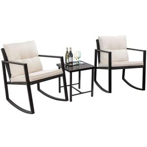 3 Piece Rocking Bistro Set, Patio Rattan Furniture Set with Tempered Glass Coffee Table and Cushioned Chairs, Outdoor Wicker Conversation Sets for Garden Balcony Backyard Poolside