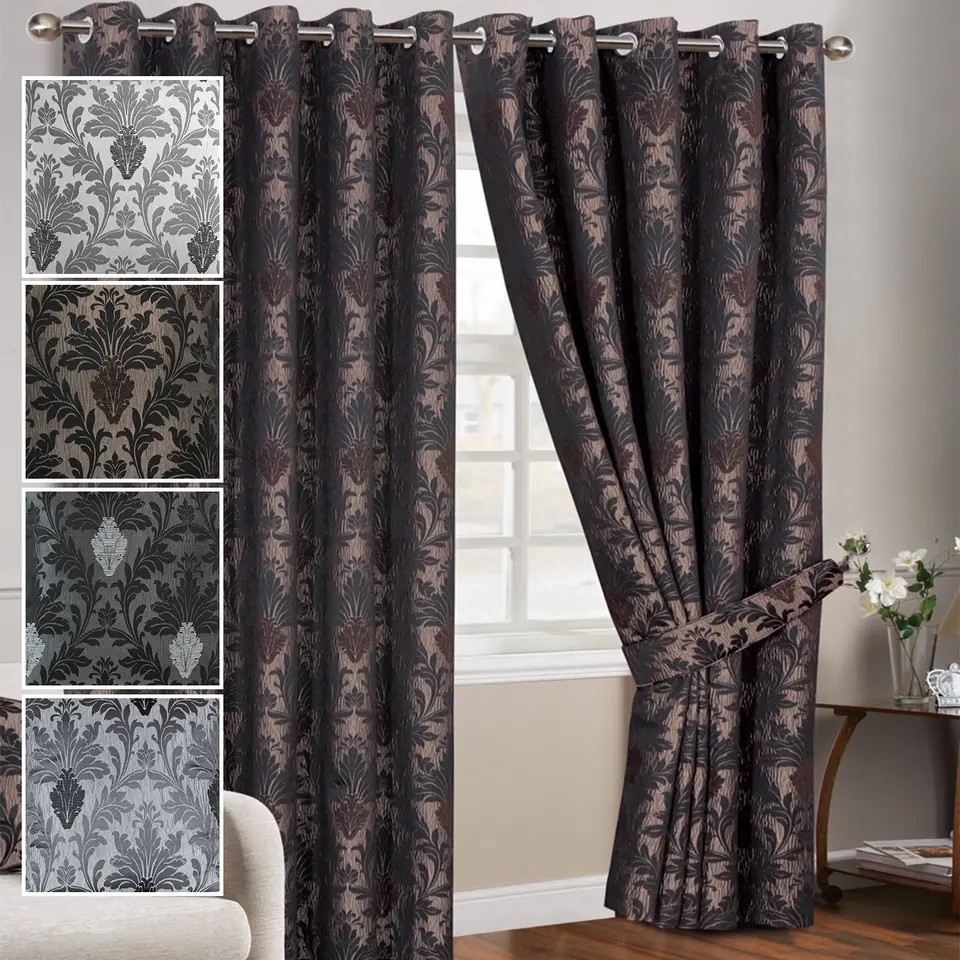 Luxury Jacquard Eyelet Ring Top Pair Curtains  Fully Lined Ready Made Curtains