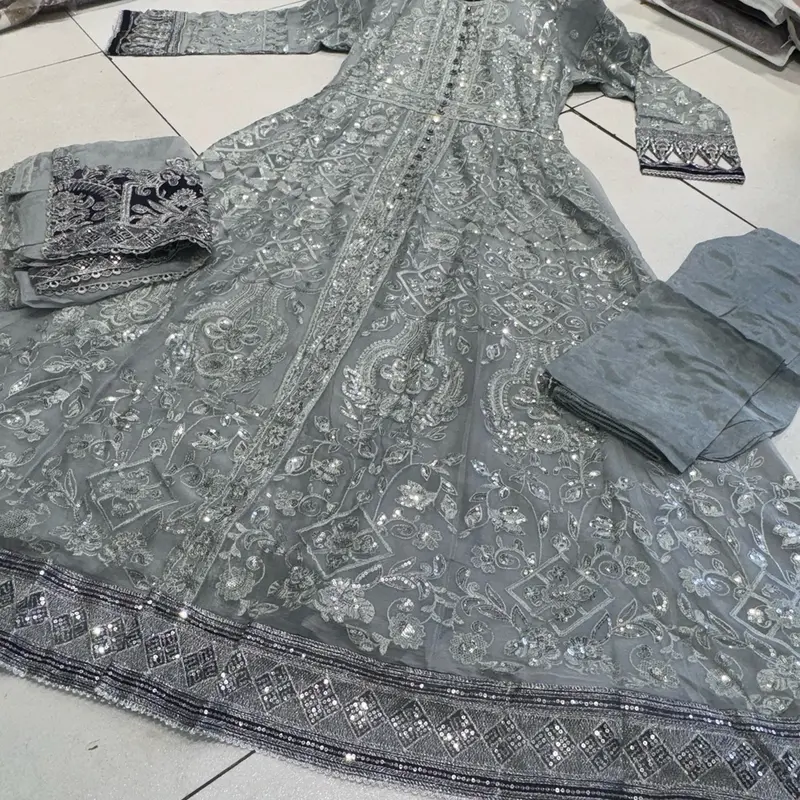 Silver/Grey JASMIN Long dress suit 3 piece Pakistani embroidered chiffon duppatta wedding edt S-XL Womenswear 7