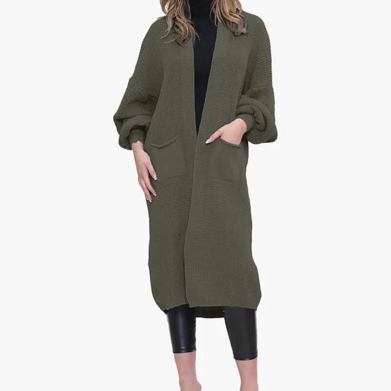 Long Ladies Balloon Sleeve Cardigan Oversized Pocket Chunky Weave Knitted Ribbed Jumper Comfort Knitwear 3