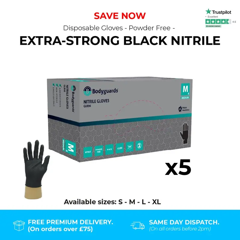 Heavy Duty Disposable Gloves – Black Nitrile – Powder Free – Bodyguards GL896® (500 Gloves, 5 Boxes) 0