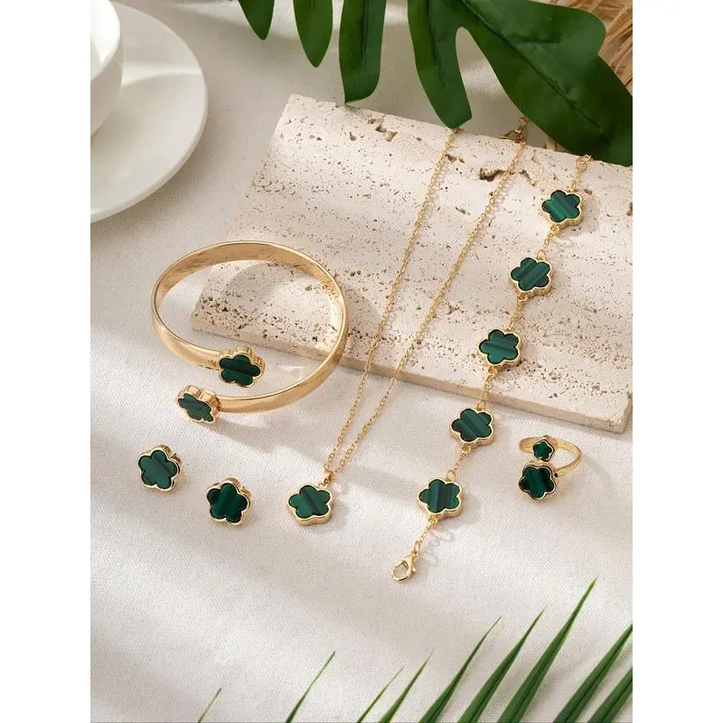 Lucky flower shaped jewelry set, 6 counts charm necklace & bracelet & Ring & stud earring 8