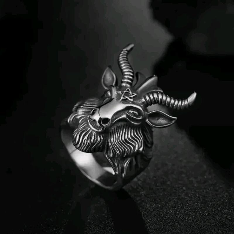 Baphomet Goat Head Black Death Satanic Pentagram Hornet Ram Retro Gothic Ring Male Anniversary Auspicious 4