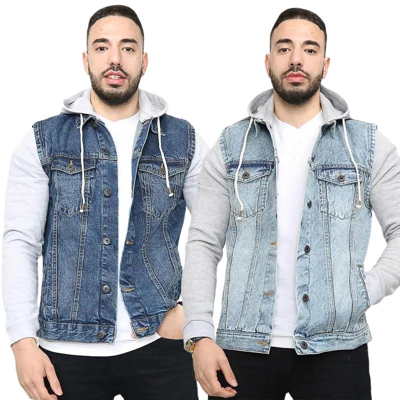 NOROZE Mens Trucker Denim Long Sleeves Jacket Detachable Hood Washed Denim Fleece Hoodie Classic Menswear Casual Western Style Jean Jackets Coat UK Sizes S-XXL 2