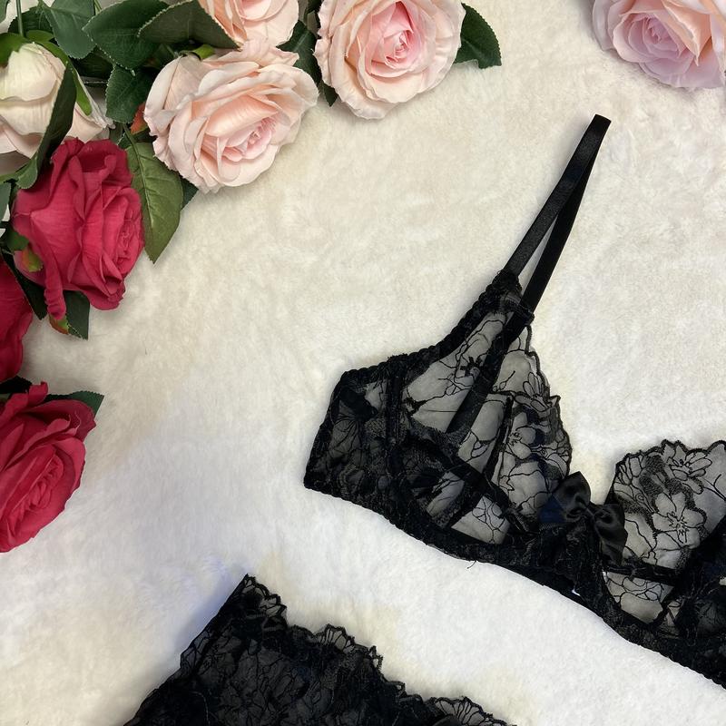 Liliosa Lingerie Milano High Quality Classy Elegant Black Lace Mesh Sheer 3 Piece Set (Bra - clasp + Garter - clasp + Pants - adjustable)  Comfortable Womenswear Underwear, Sexy Lingerie Everyday Elegance Style, Girl Fit, Adjustable Spaghetti Straps 1