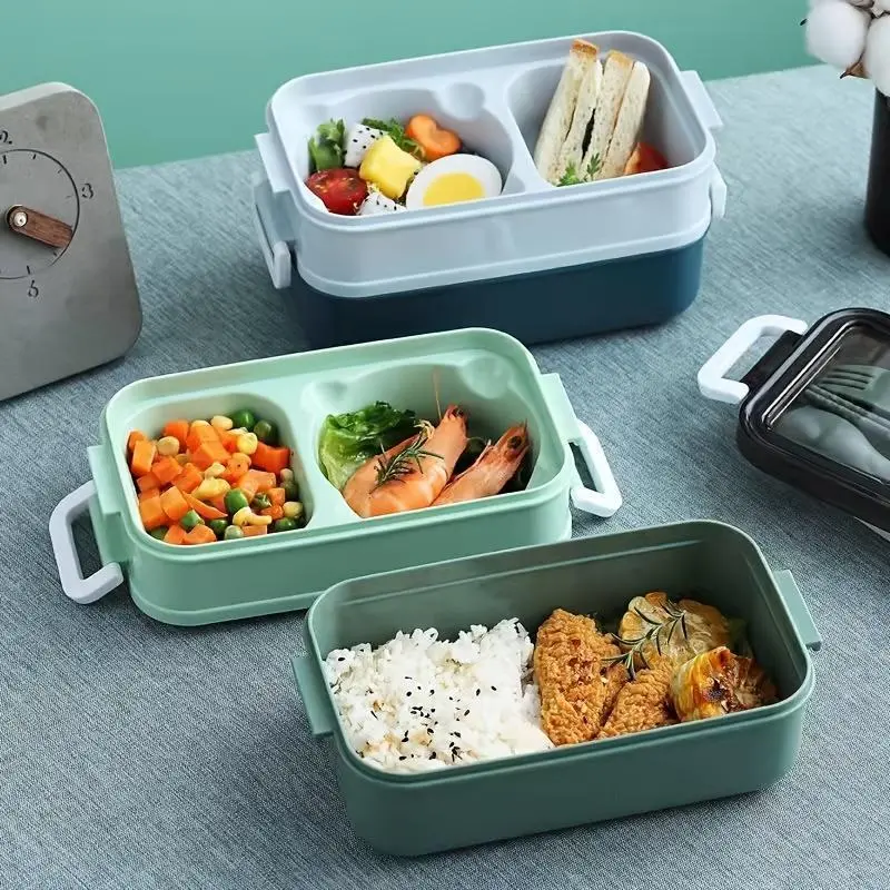 1pc Plastic Double-layer Lunch Box With Cutlery, Microwave Oven Bento Box, Leakproof Food Container, For Back To School, School Supplies And Classroom, For Camping And Picnic, Home Kitchen Supplies 3