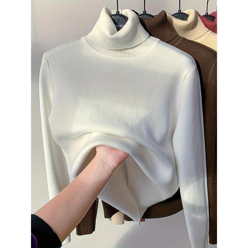 Women's Thickened Fleece Lined Slim Fit Top, Warm Turtleneck Pullover, Casual Style Long Sleeve Base Layer Top For Winter Knitwear Womenswear Underwear Comfort Lady Knitting 4