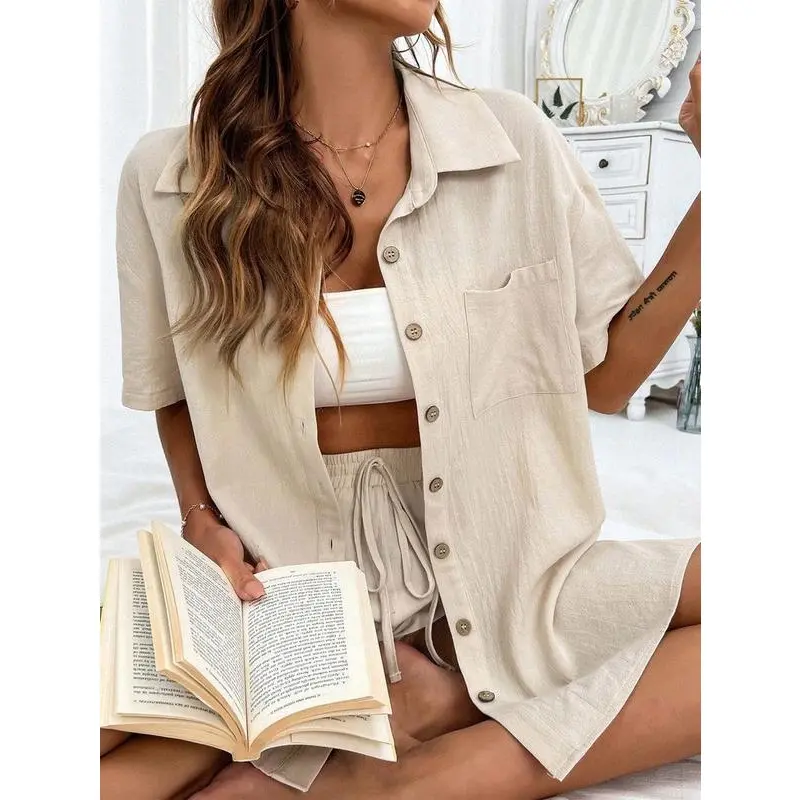 Two-Piece Set Womenswear Solid Button Front Shirt & Drawstring Waist Shorts Set, Comfort Short Sleeve Summer Tops & High Waist Shorts, Back To School Minimalist Co-ords, Ladies Summer Outfits 2025, Holiday Outfits 2024, Y2k Outfits Streetwear. Daily Wear 3