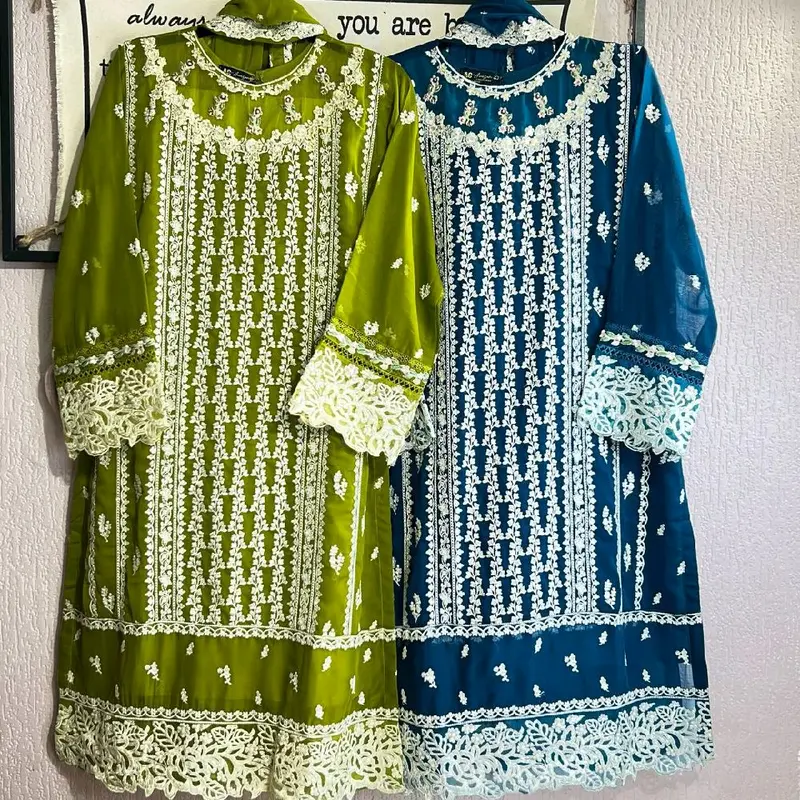 Aghanoor inspired 3pc fully heavy embroidered Chiffon Dress with silk trouser.. 1