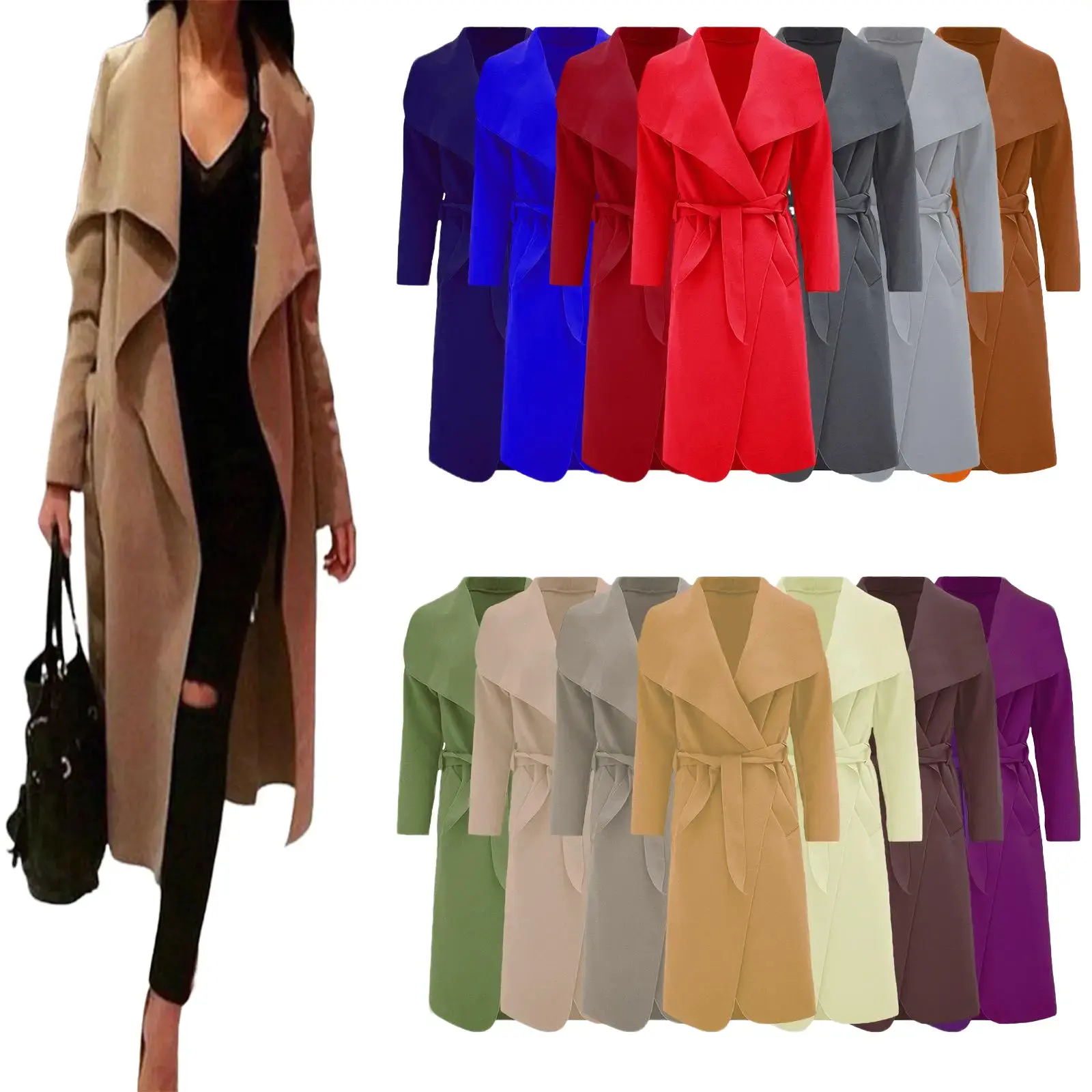 Womens Long Waterfall Italian Duster Coat  Belted Trench Jacket Winter Cardigan Size 8-22. Fit Womenswear Black Comfy Lightweight Long Sleeves Party Tops celebrity style winter Ladies Underwear Lady Outerwear Comfort Longsleeves Minimalist