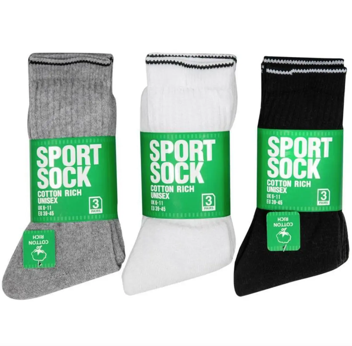 3 Pairs Men's Cotton Rich Black Cushion Sole Sport Work Socks Size 6-11 Menswear Soft Plain Casual Classic