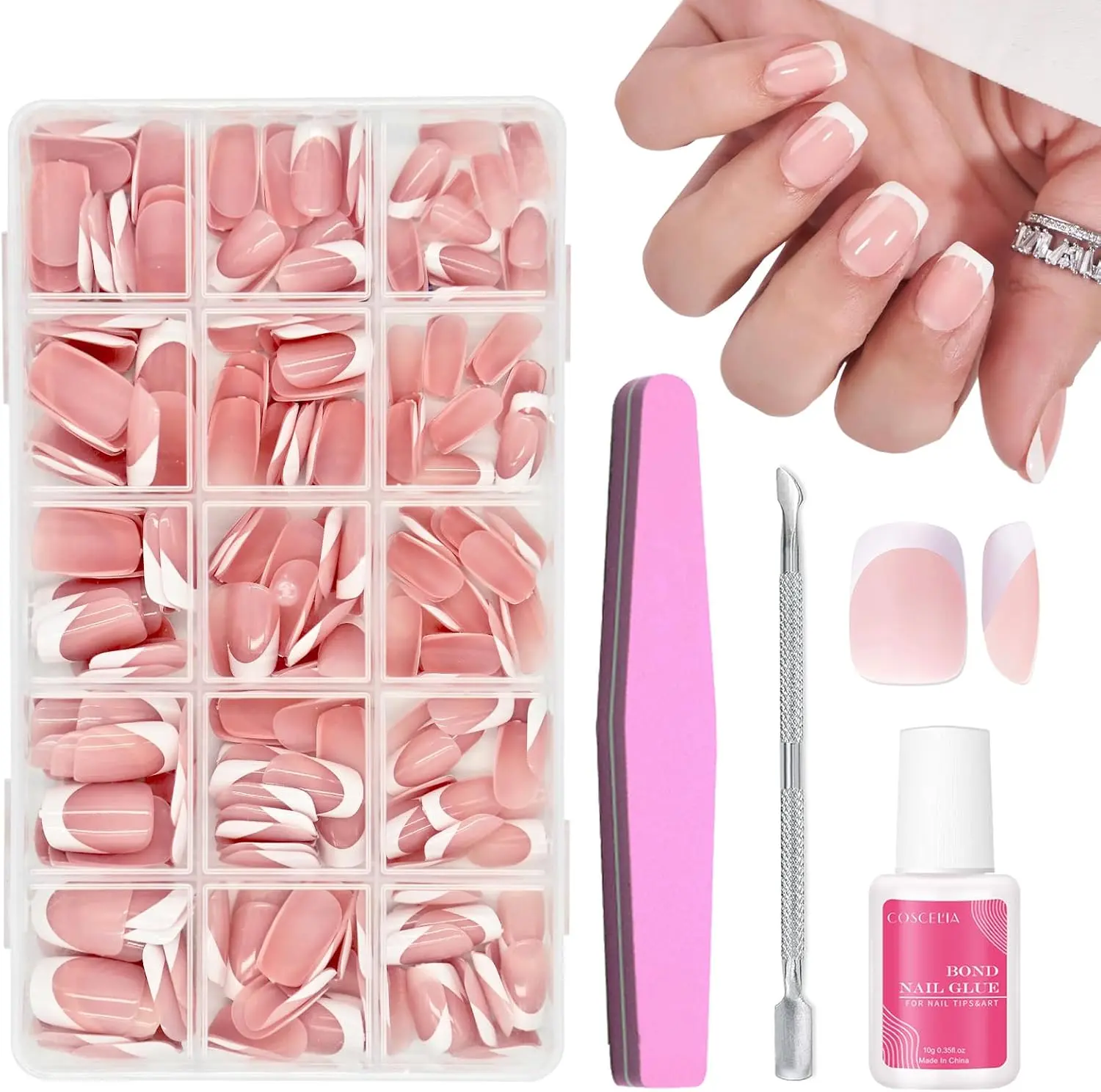 French False Nails - 240Pcs Square Press On Nails Short - Fake Nails White Tip French False Nail Kit - Full Cover Stick on Nails French Nail Art Manicure Decorations