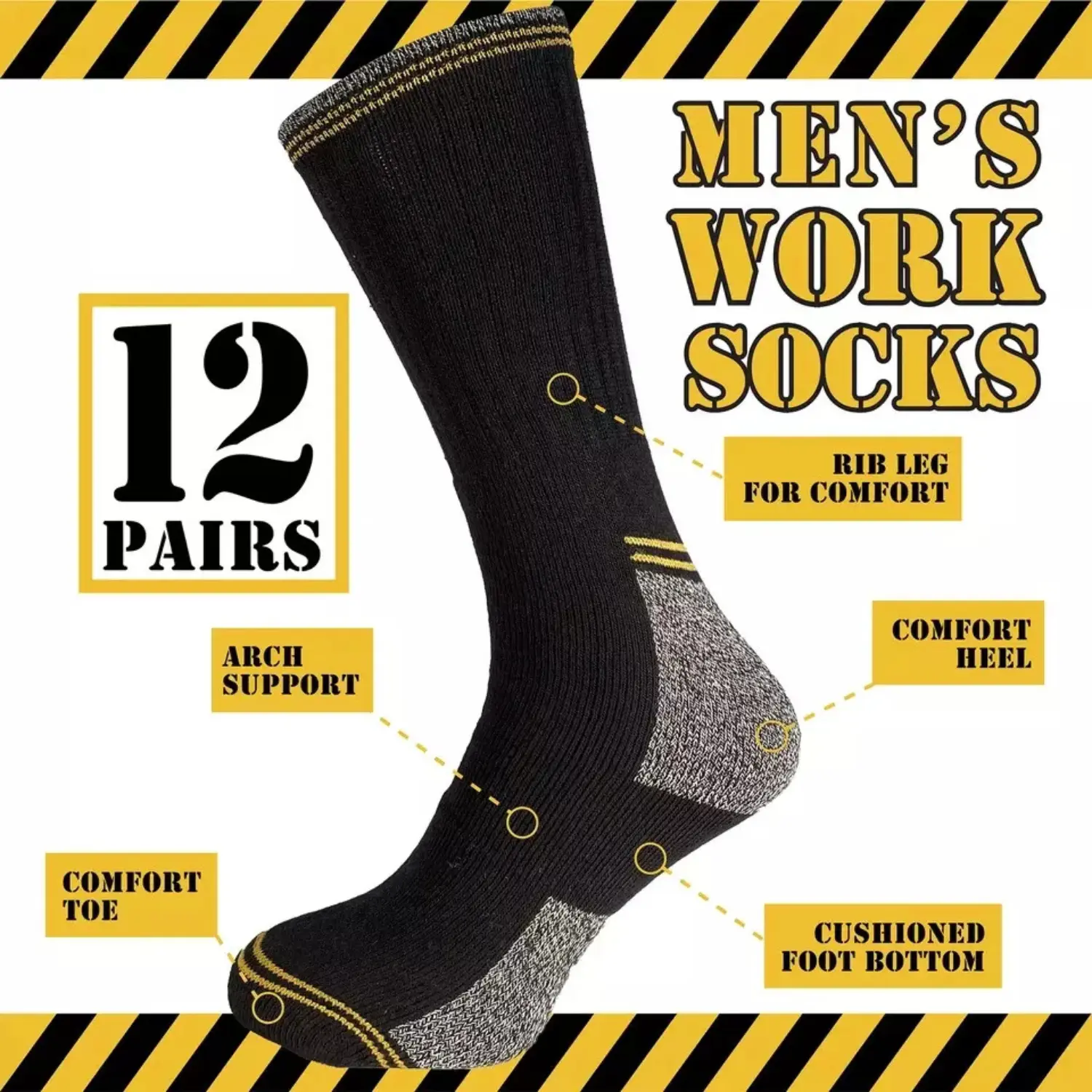 12 Pairs Men’s Work Socks - Cushioned Sole, Reinforced Heel & Toe, Arch Support, Breathable Cotton Blend (Size 6-11) Menswear Long pair  of Beige Plain Bestie