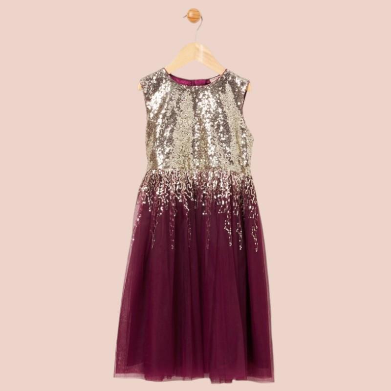 Girls Gold Sequin Purple Dress & Velvet Bolero Cardigan Occasion Wear 1