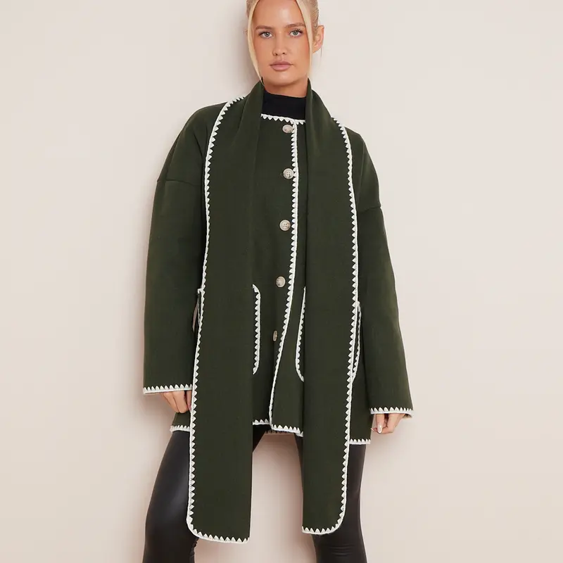 Women's Casual Tori Wool Like Contrast Trim Scollop Stitching Tailored Jacket Scarf Coat One Size UK 8 - 14 2