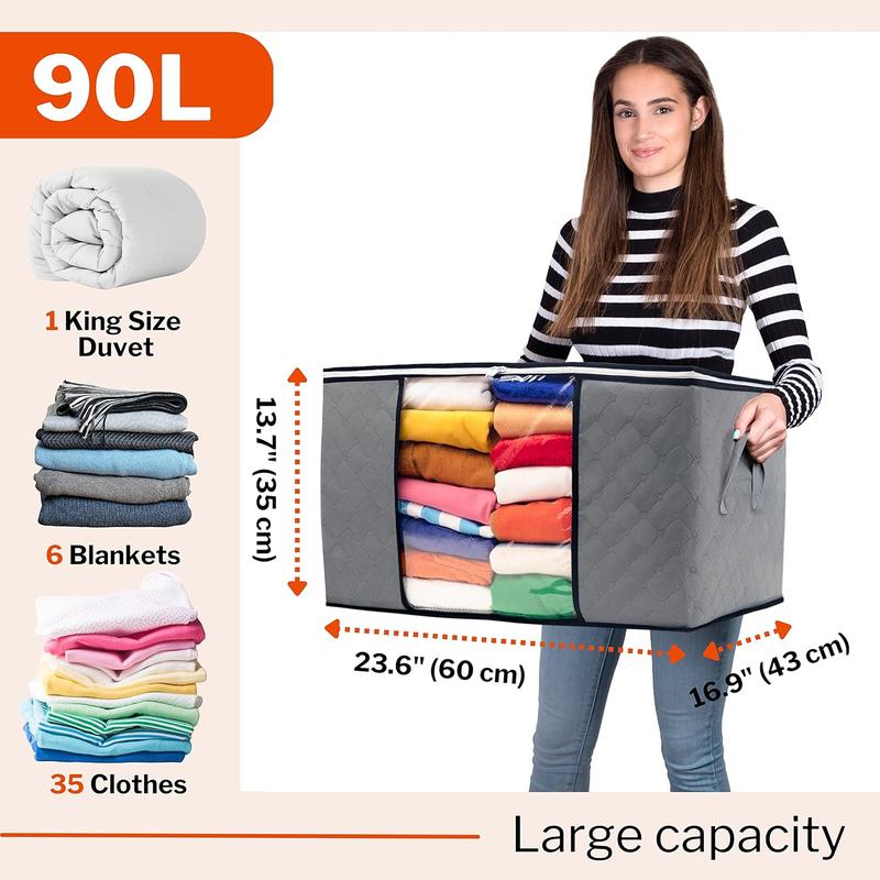 Product Introduction of Large Clothes Storage Bags – Sturdy Fabric Closet Organiser – Foldable Storage Solution for Closet or Underbed – Storage Bin with Reinforced Handles – 5pcs, Grey 90L Capacity 1