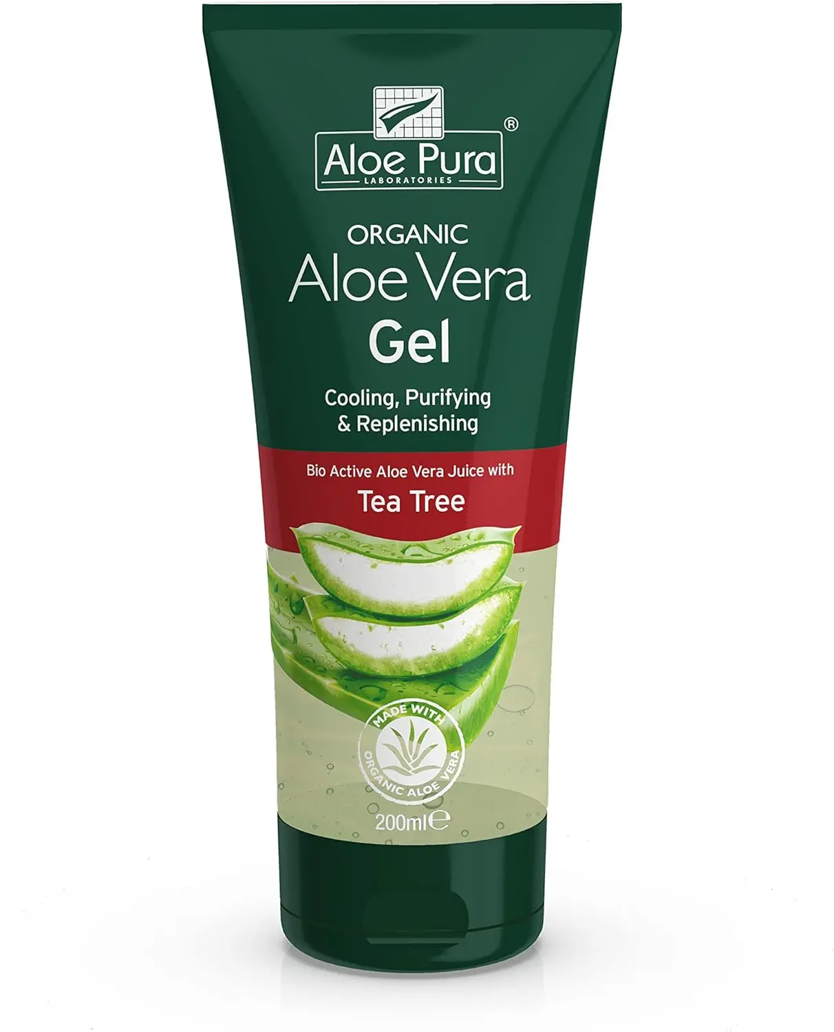 Organic Aloe Vera Gel with Tea Tree, Natural, Vegan, Cruelty Free, Paraben & SLS Free, Cooling, Purifying, 200 ml