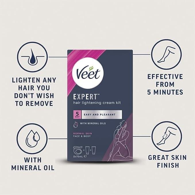 Veet Expert Hair Lightening Cream Kit, Face & Body, Normal Skin, 2 x 75ml, with Mixing Shell and Spatula, Effective in 5 Mins 1
