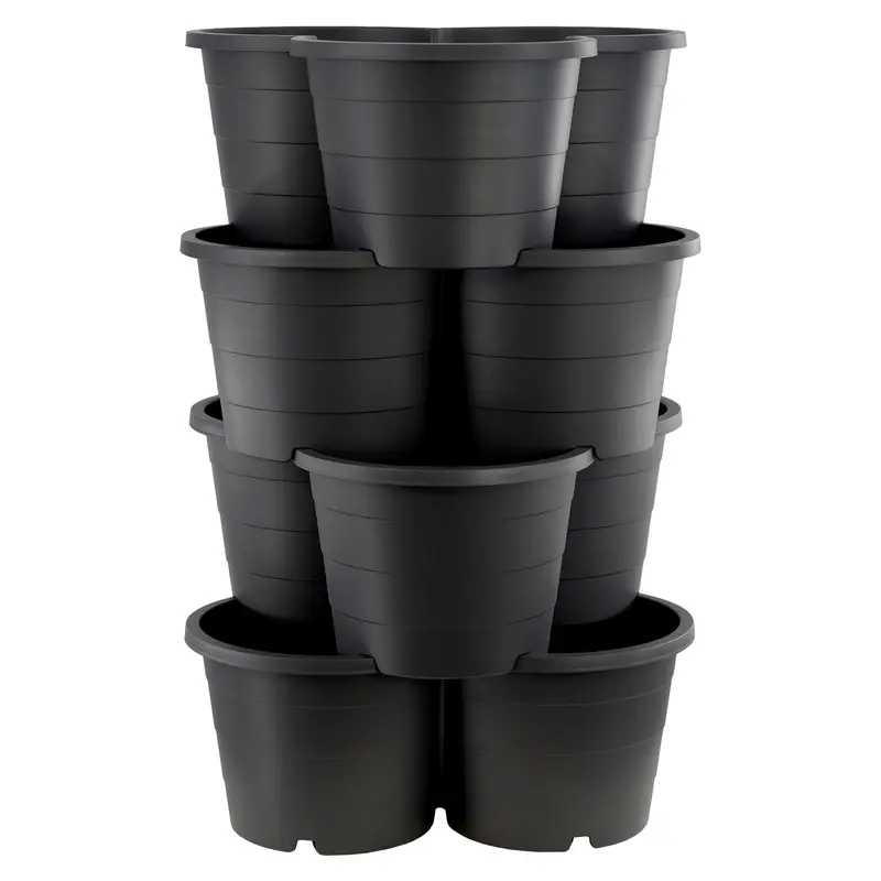 GEEZY Stackable Flower Pot Planters – Set of 4, Large Black Plastic Tiered Design for Outdoor Vertical Garden, for Herbs, Strawberries, Flowers – Space-Saving Durable Pots for Gardening Enthusiasts 3
