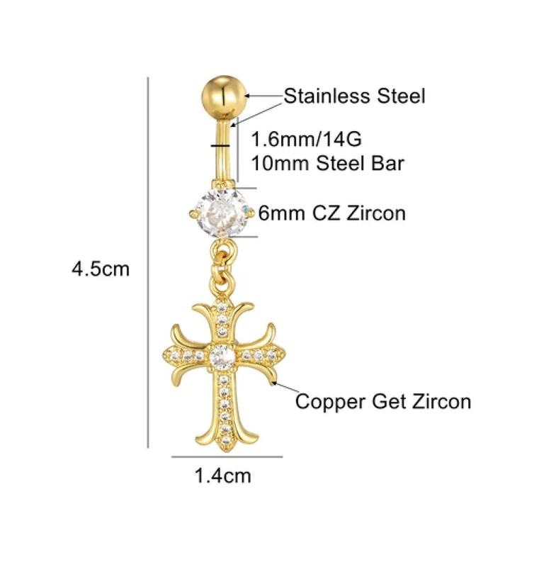 Cross Belly Button Piercing, Gold/Silver Rhinestones Navel Piercing, Pendant Dangle Belly Bar Piercing, Stainless Steel, Navel Rings Gothic ring bars 1