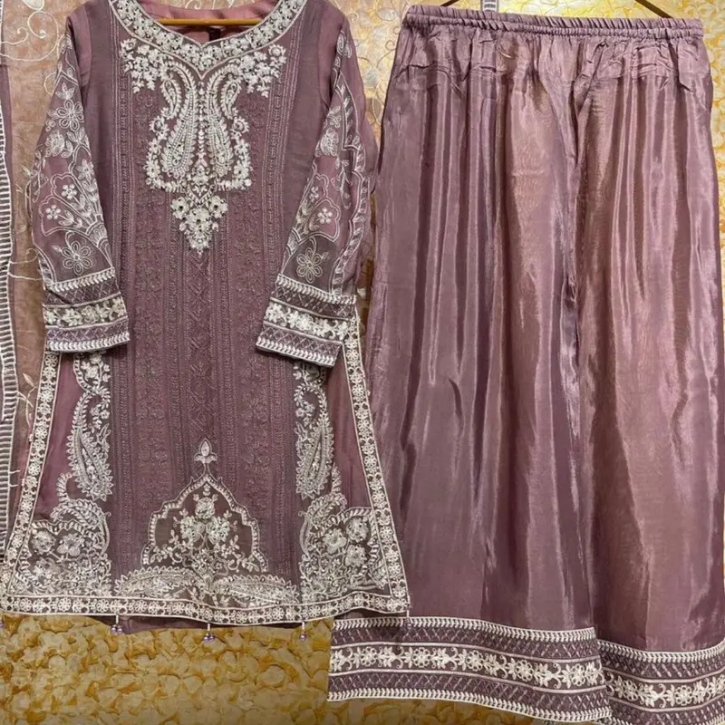 Naira Chiffon Partywear with palazzo trouser sharara Outfit and chiffon dupatta Embroidered Traditional Dress Womenswear 4