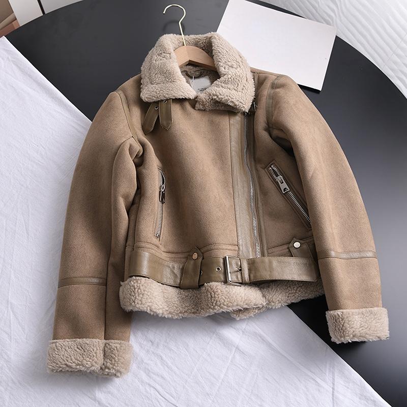 Product Introduction of 2024 Winter Women Thick Warm Suede Lamb Jacket Short Motorcycle Brown Coats Faux Shearling Sheepskin Leather Jackets Outwear 24