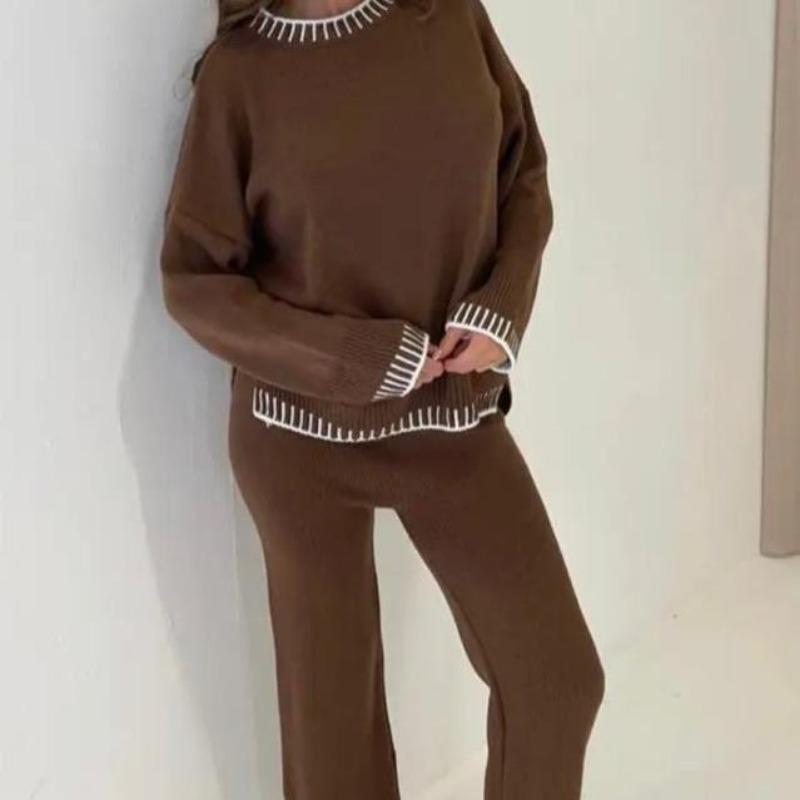 Women's Knitted Lounge Wear Ladies wide Leg Palazzo Top Trousers tracksuit Set 1