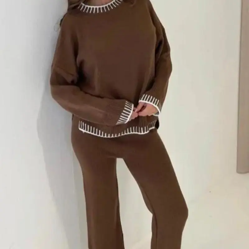 Women's Knitted Lounge Wear Ladies wide Leg Palazzo Top Trousers tracksuit Set 1