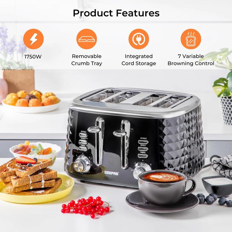 Geepas Black Kitchen Set - 1.5L Electric Kettle (3kW Rapid Boil), 4-Slice Toaster (Wide Slots, Auto Shutoff) & 20L Microwave (5 Power Levels, Timer) - Stylish & Space-Saving Kitchen Trio for Effortless Cooking & Reheating! 1