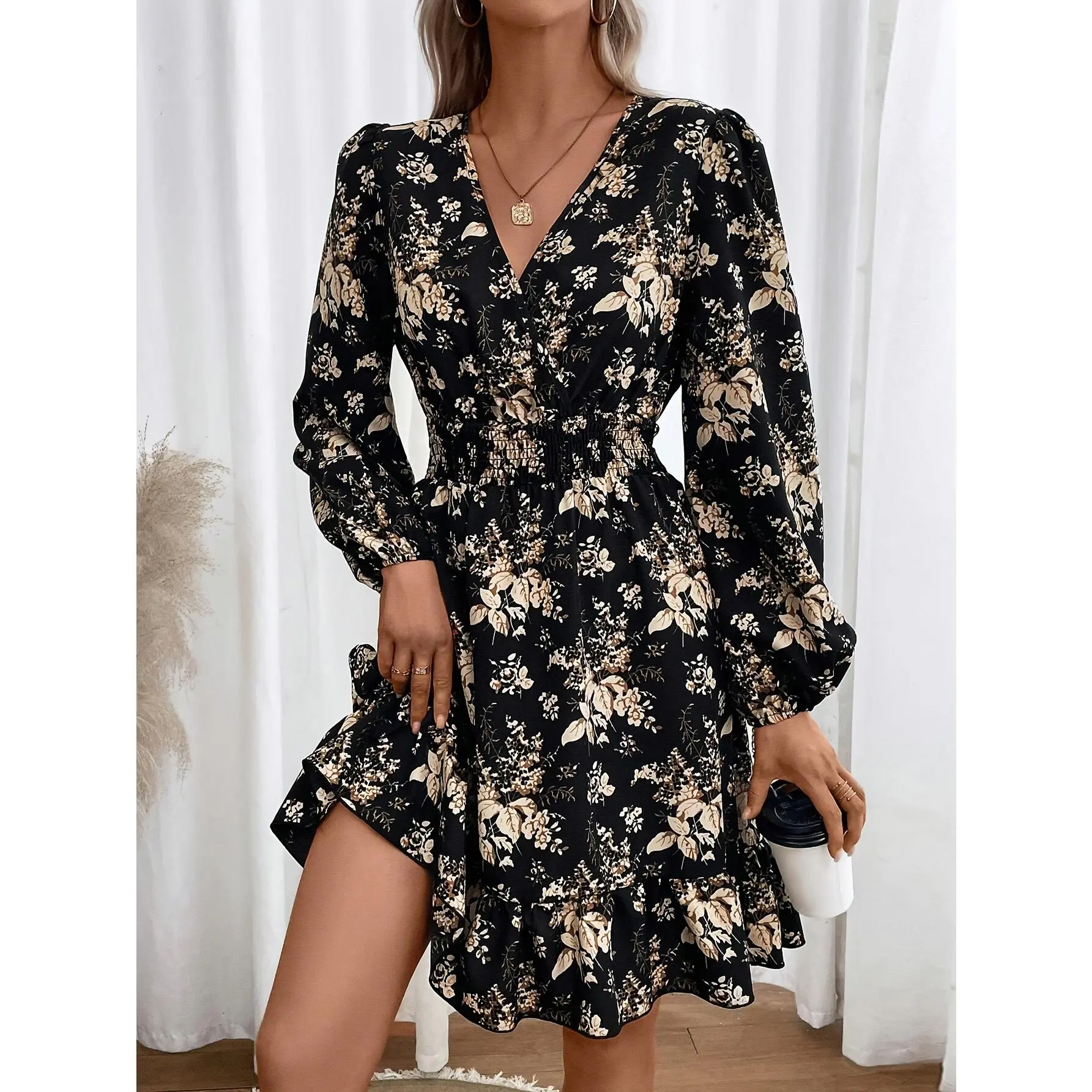 Spring 2025 Outfits Woodward Satin Dress Elegant Floral Print A-line Dress, Surplice Neck Ruffle Hem Shirred Waist Lantern Sleeve, Women's Clothing
