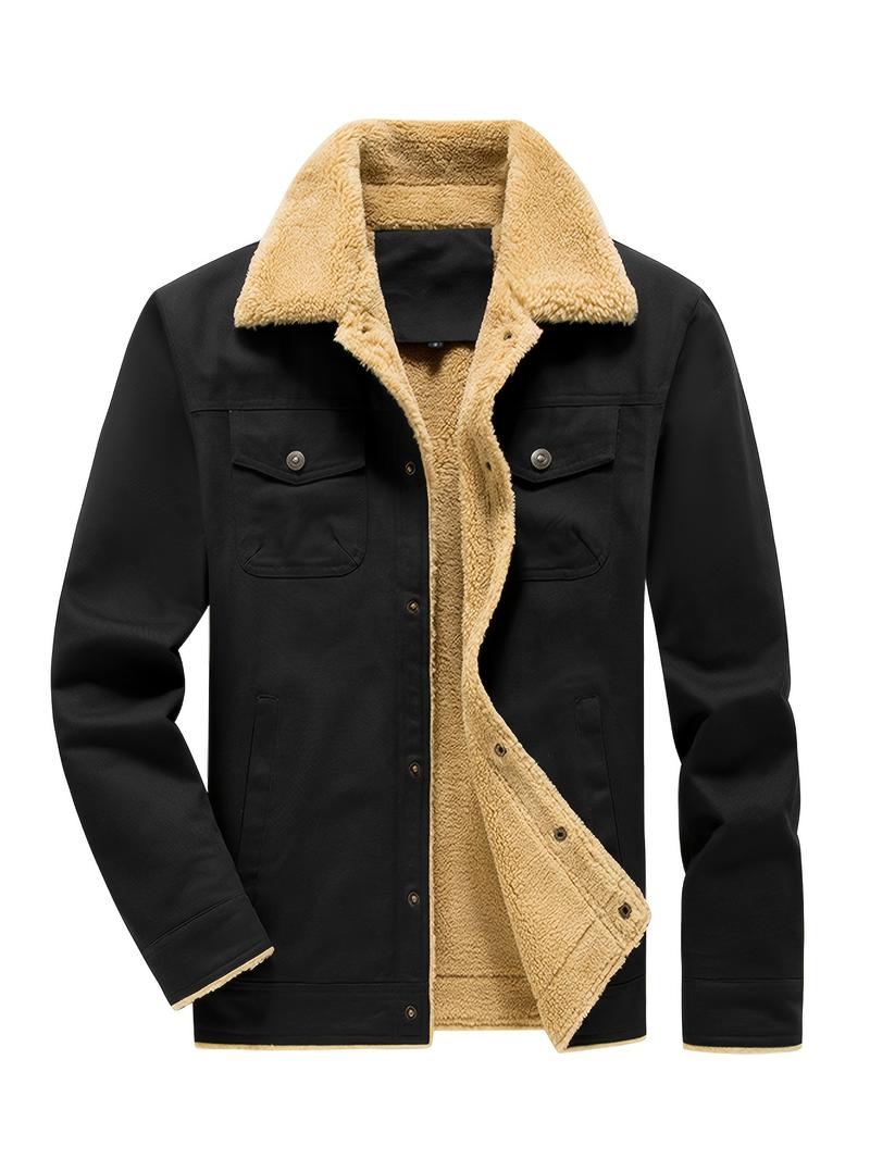 Product Introduction of Men's Fashion Trendy Cotton Fleece-Lined Jacket, Casual Workwear Outerwear with Sherpa Collar, Button-Up, Multiple Pockets Menswear Coats Tops Underwear Long Sleeve Beige Human Tights Plain Longsleeves Collared 3