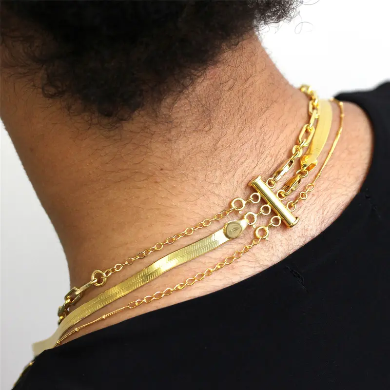 Gold Plated Sterling Silver 3 Row Bolt Ring Layer Necklace Clasp 3