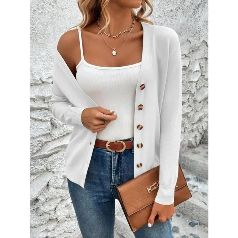 Women's Plain Button Front Cardigan, Casual Fashion Long Sleeve V Neck Cardigan for Spring & Fall, Cardigan for Women, Women's Knit Clothing for Daily Wear