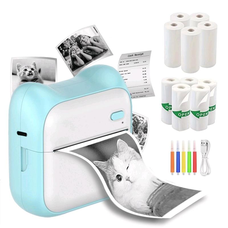 Portable Wireless Thermal printer, 1 Set Rechargeable Instant Photo Printer Peper, Mini Bluetooth Printer for home & Office, Pocket Printer, Wireless Mini Stiker Printer with 10 Rolls Thermal Paper, Portable for Notes Journal Photo Printing. 1