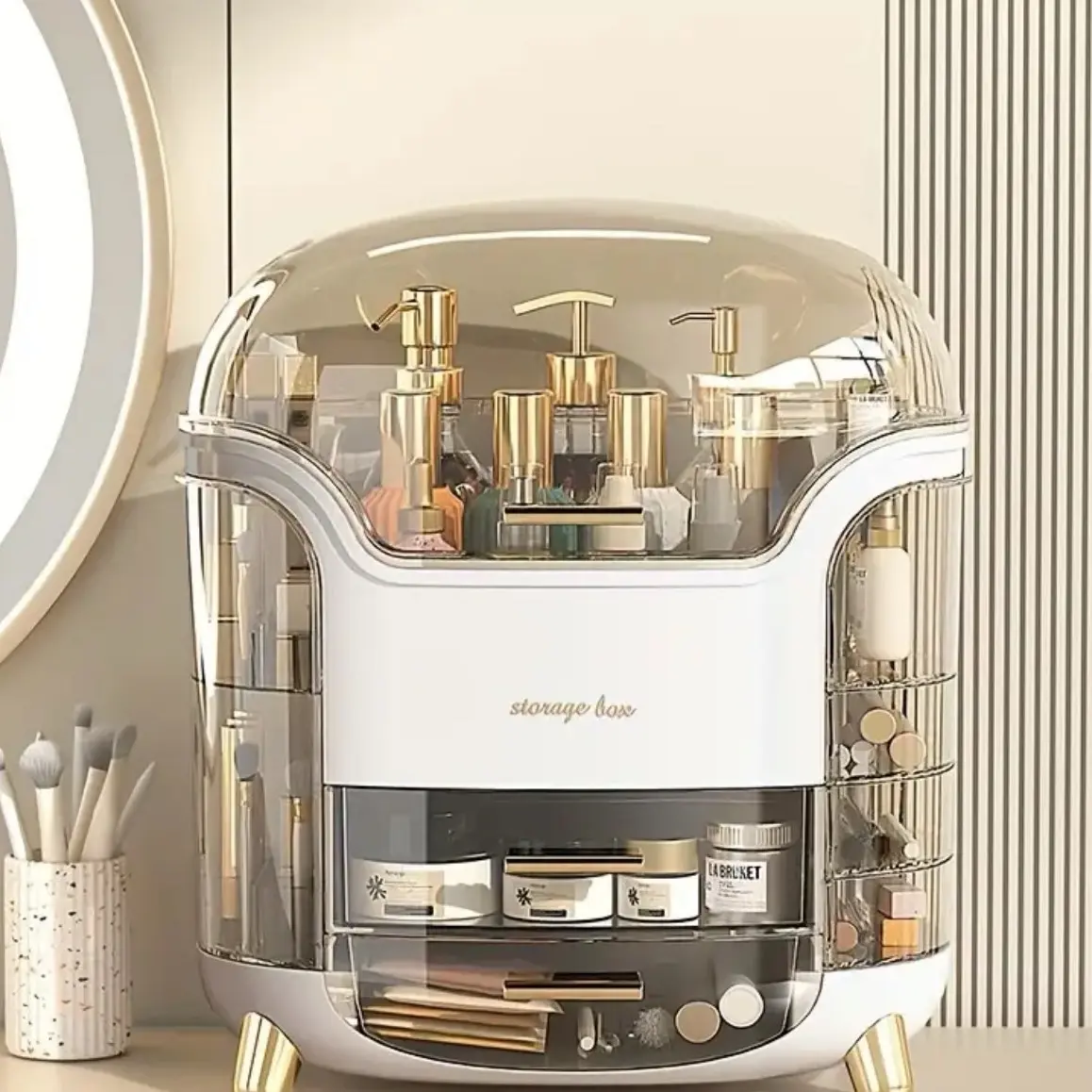 Large Capacity Cosmetic Organizer with Lid - Dustproof, Multi-Functional Makeup Storage Box for Home Use,, No Installation Required, Polished Finish Container Case Room
