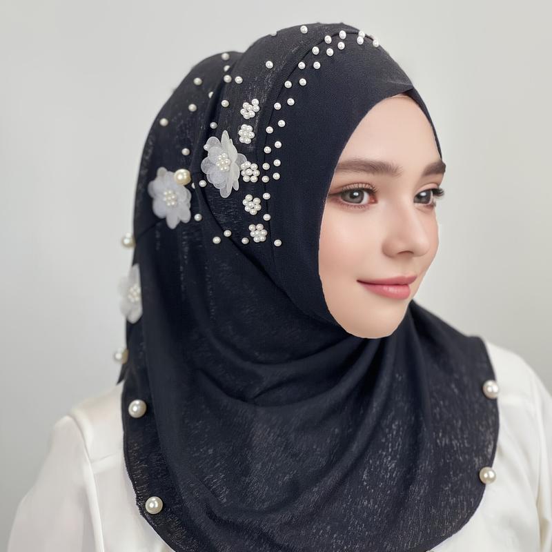 Luxurious Pearl Flower Instant Hijab - Soft, Breathable, Solid Color Pullover Bandana for Casual Outdoor Sunscreen and Head Wrap - Elegant, Comfortable, and Versatile Fashion Accessory 4