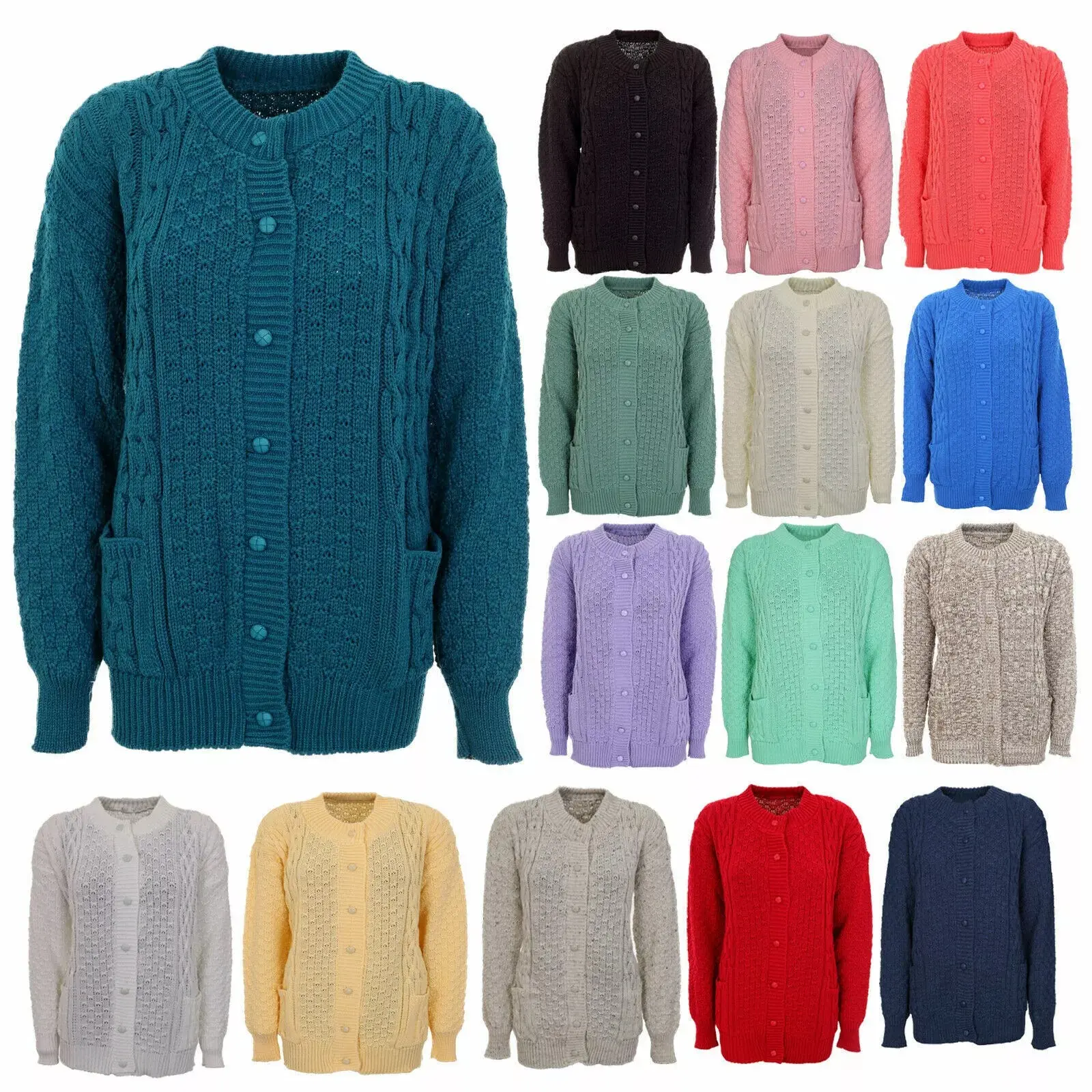 Women Winter Chunky Cable Knit Ladies Long Sleeve Aran Crew Neck Warm Cardigan Knitwear Womenswear Lady Knitting Comfort Casual Chic Tops Comfortable Day Underwear Basic Piece