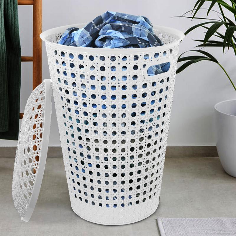 Small Plastic Laundry Basket with Lid and Handles, 48 Litre Basket storage Hamper in Grey, Taupe or White,, 39cm x 26cm x 52cm Organiser Rattan 4