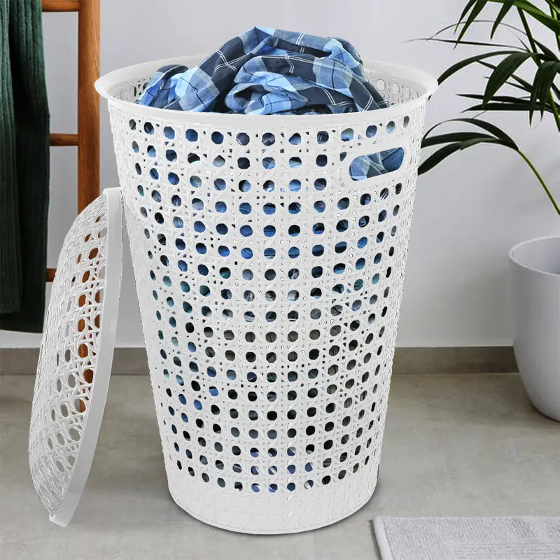 Small Plastic Laundry Basket with Lid and Handles, 48 Litre Basket storage Hamper in Grey, Taupe or White,, 39cm x 26cm x 52cm Organiser Rattan 4