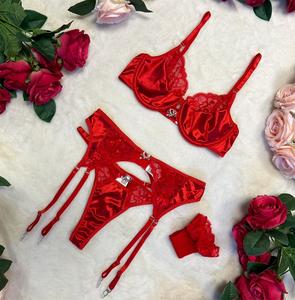 Liliosa Lingerie High Quality Comfortable 3 Piece Satin Lingerie Red Heart & Pearl Detail Set - (Clasp Bra + Clasp Garter +Thong Panties + Stockings) Comic Elegance Womenswear, Everyday Sexy Lingerie, Romantic Love Heart Jewel Dector, Sexy Lingerie Elegan