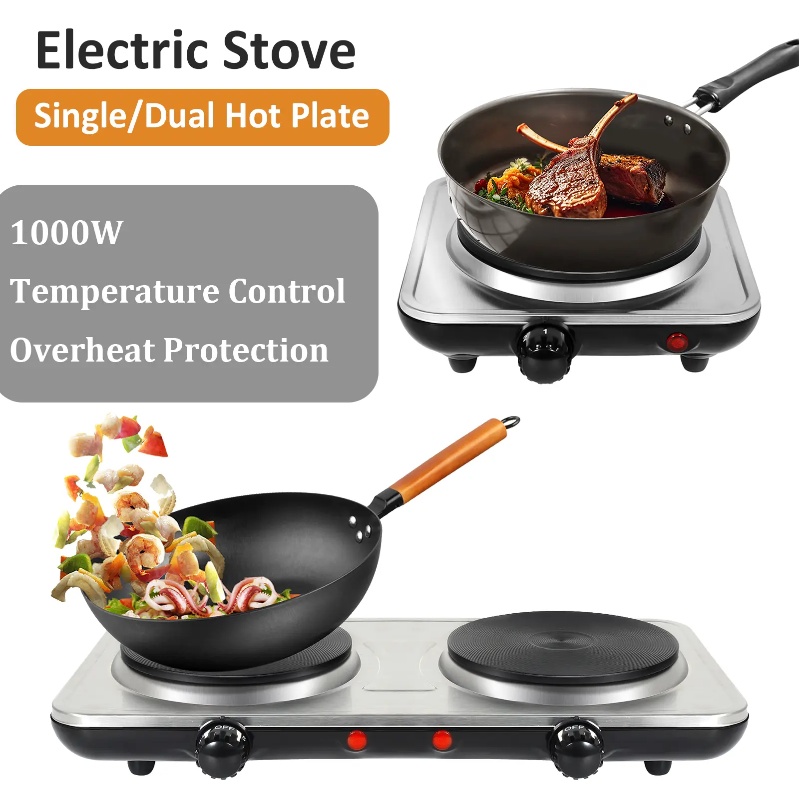 UTEN Electric Stove Single/Dual Hot Plates 1000W Heating Burner Cast Iron Adjustable Temperature Control Overheat Protection Countertop Cooker Silver UK