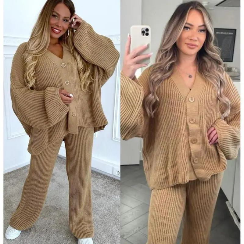 Two Pcs Cardigan & Trouser Set Plain Casual Warm V-Neck Button Winter Cardi Bottom Knitwear Co-Ord Sets Casual Lounge Wear Black 1